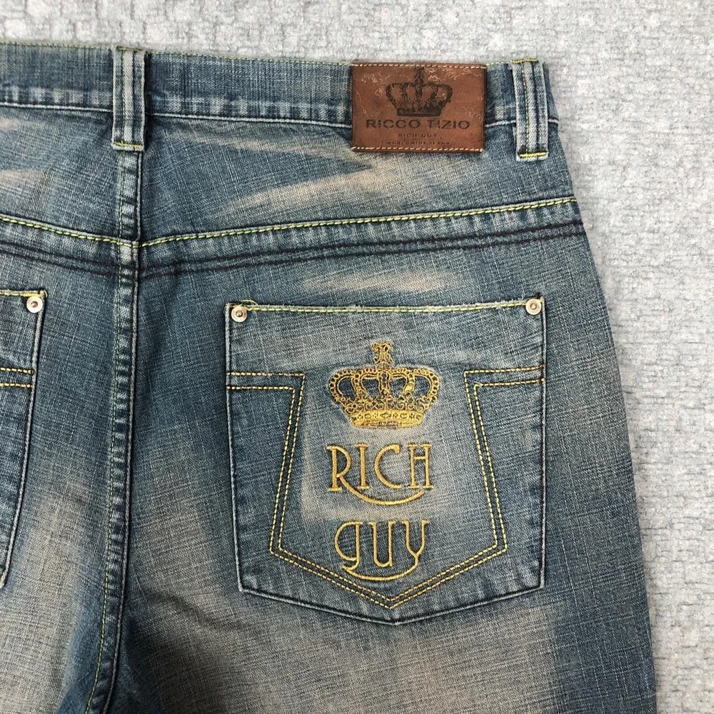 Ricco Tizio Rich Guy Jeans Mens 40x30 Blue Relaxed Straight Denim Distressed